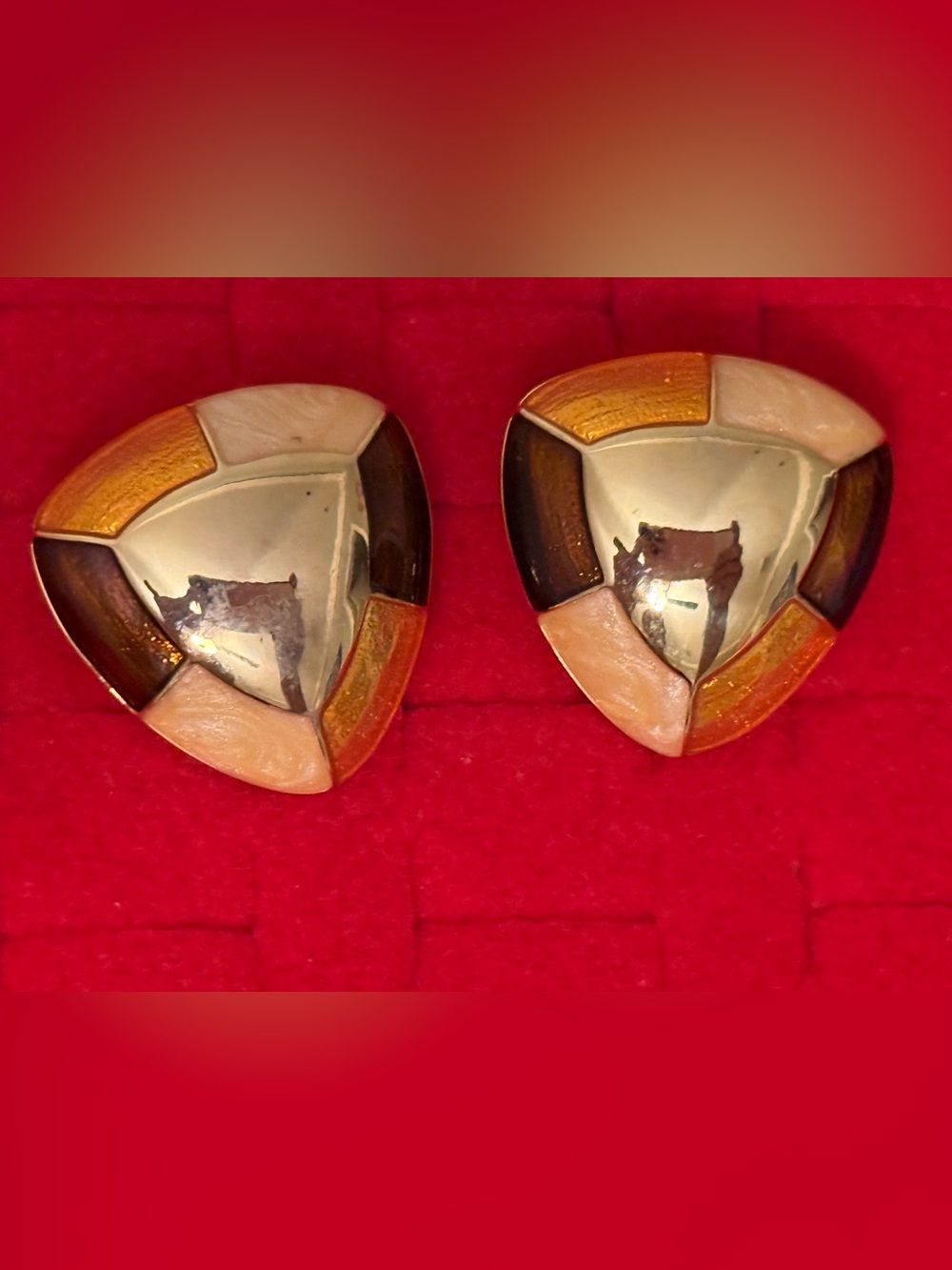 Vintage Enamel Triangular Inlay Clip-On Earrings in Gold and Brown Tones